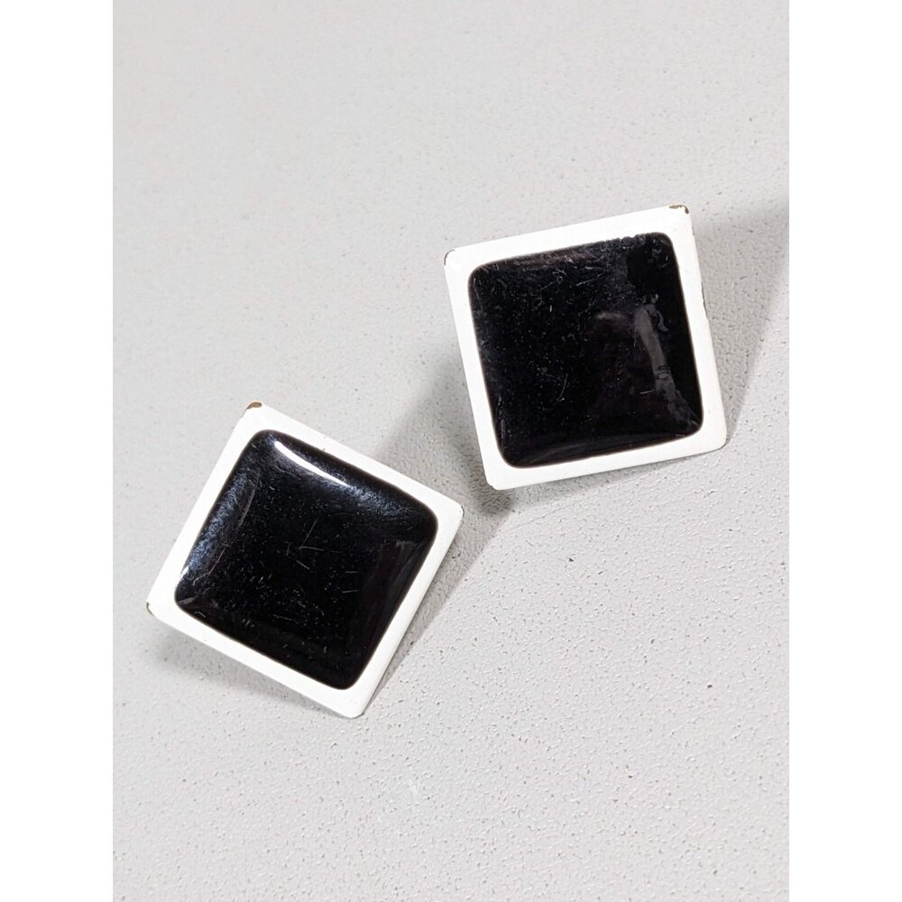 Vintage Napier Black White Square Metallic Clip On Earrings Mid Century Modern‎